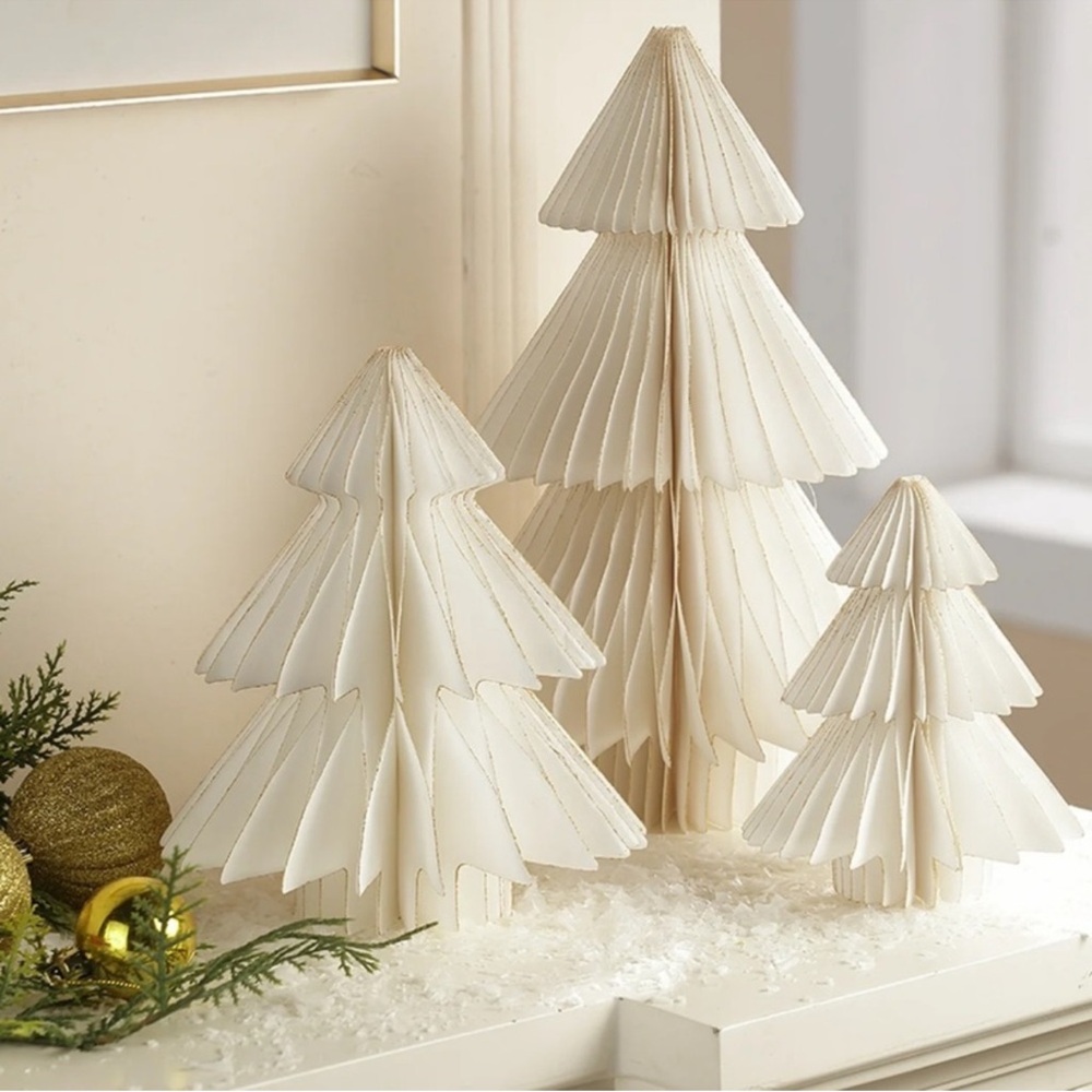 New Set of 3 White Paper Tree Winter Tabletop Decorations, 6", 8", & 12" tall